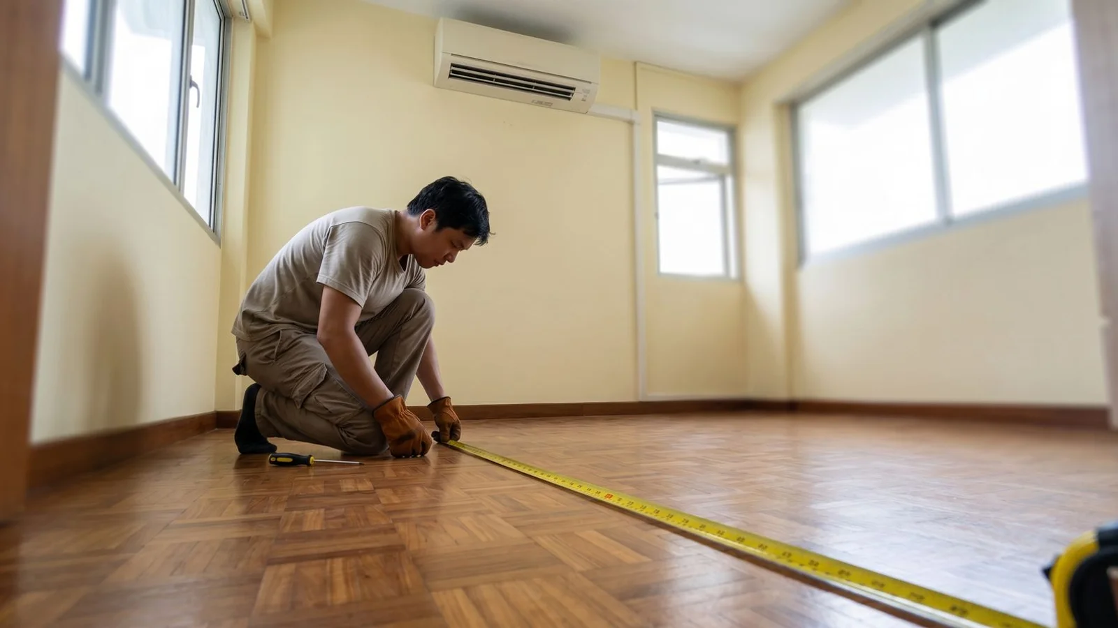 Tape measure across HDB bedroom floor with aircon visible above, candid