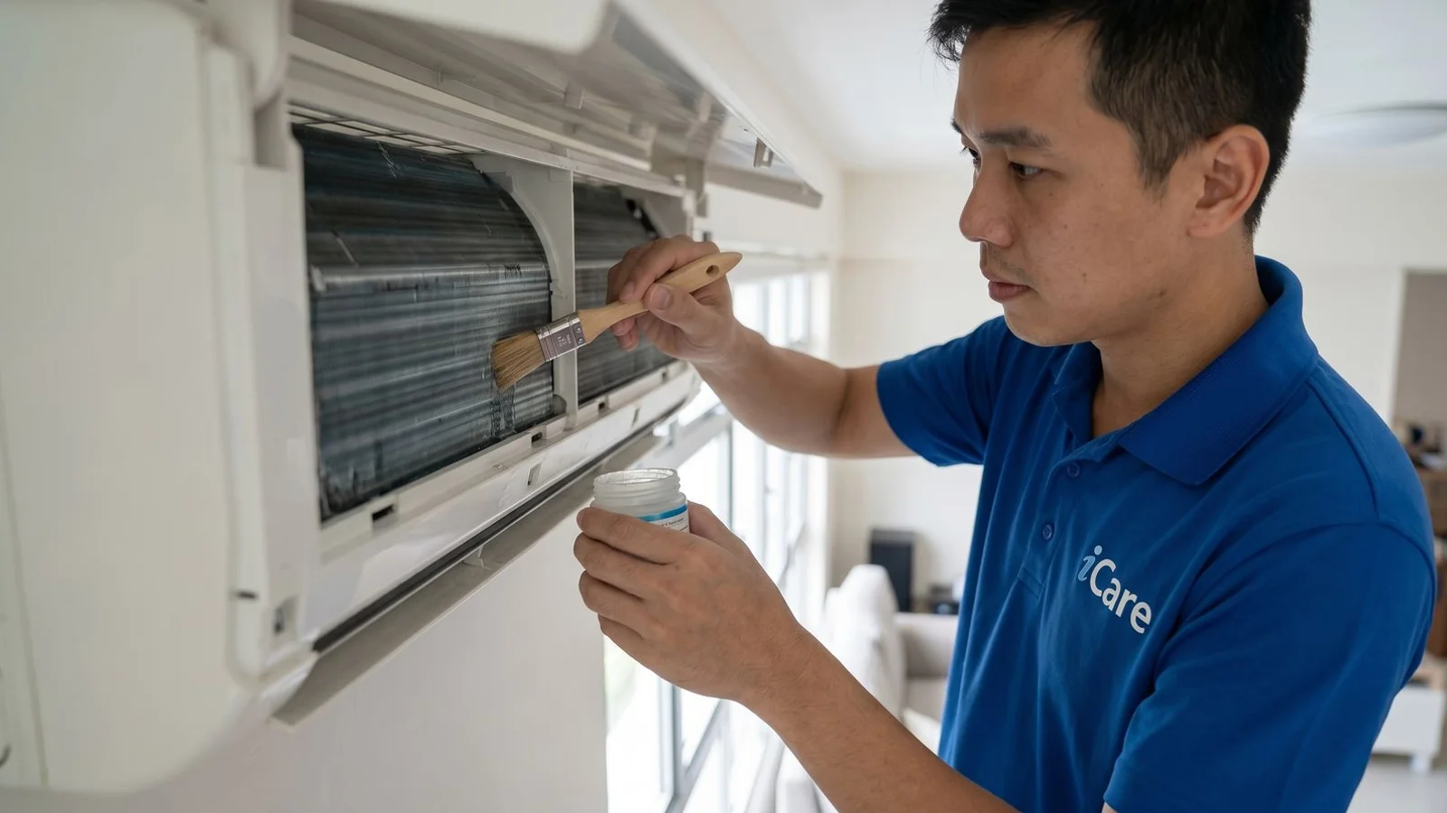 Technician applying chemical wash to aircon coil with brush, natural daylight