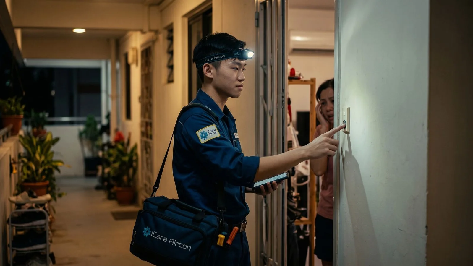 Technician arriving at HDB doorway at night with toolkit, headlamp, candid