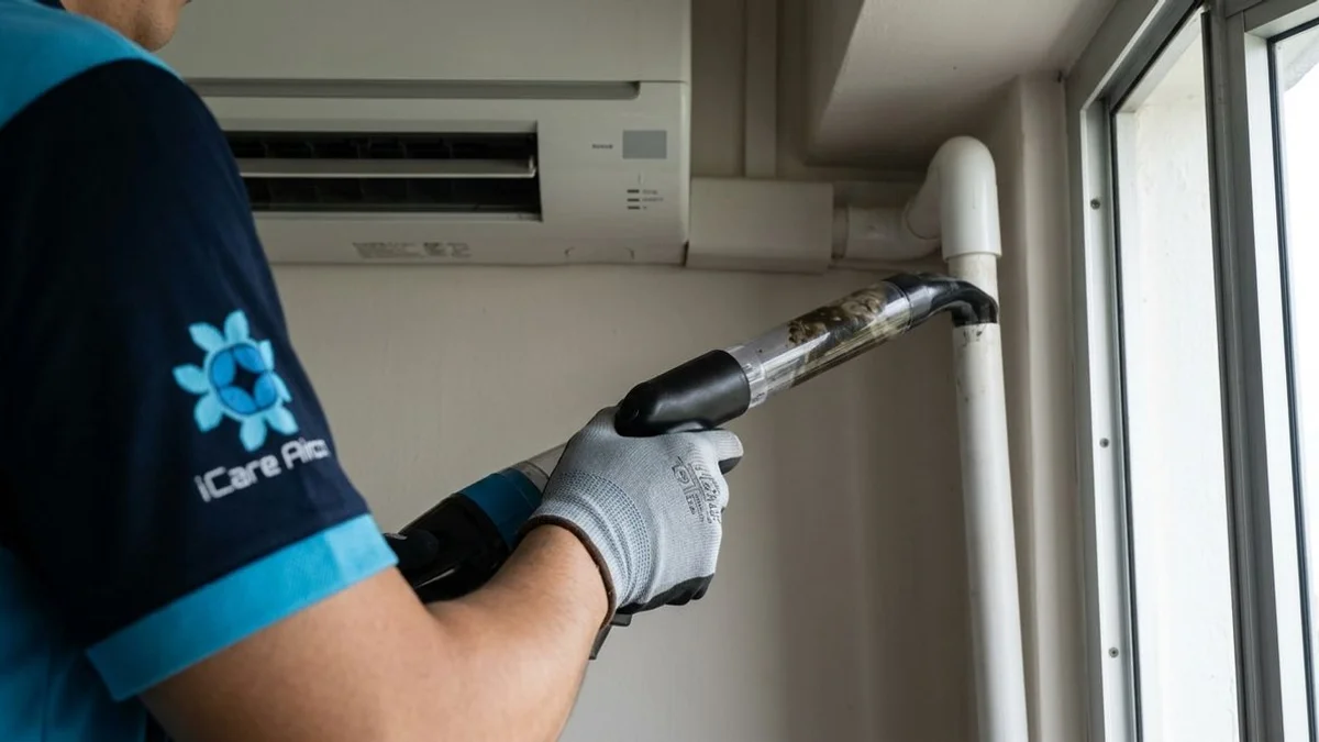 Technician clearing clogged aircon drainage pipe with vacuum, real environment