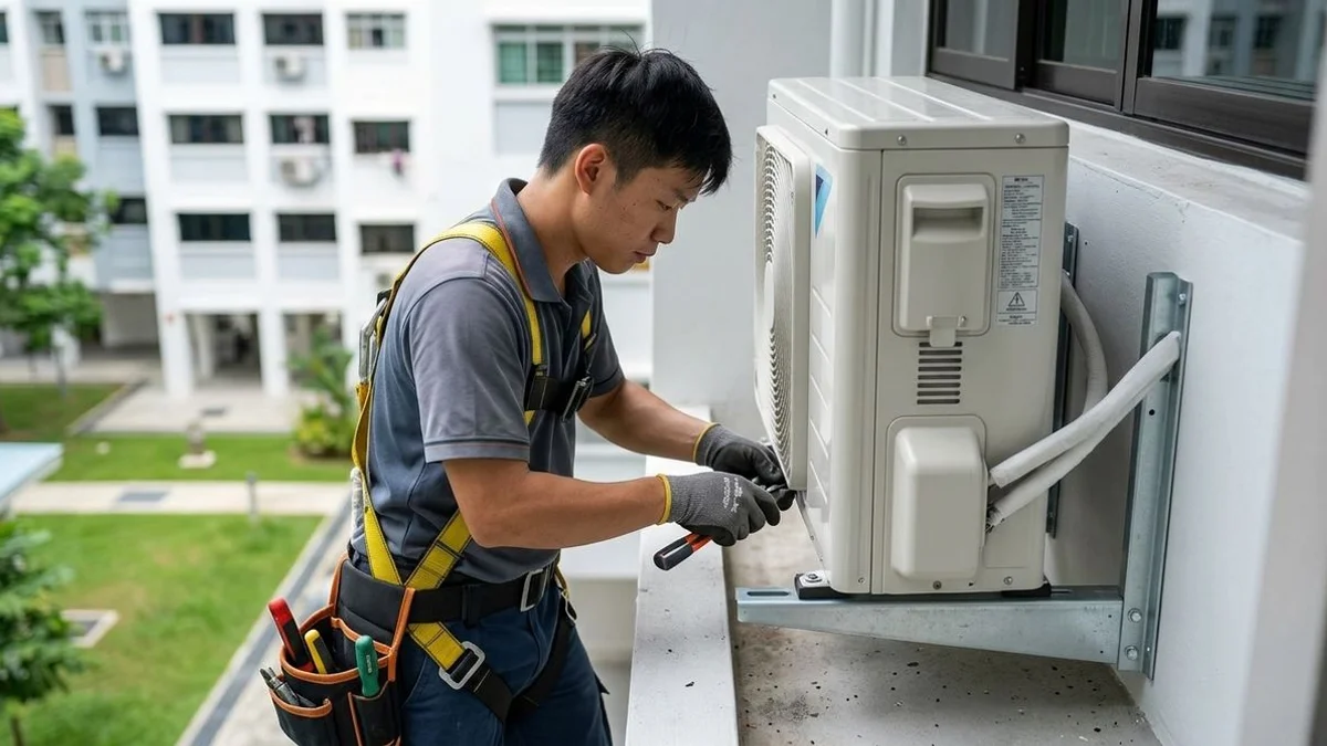 Technician fitting HDB-approved bracket with safety harness, real environment