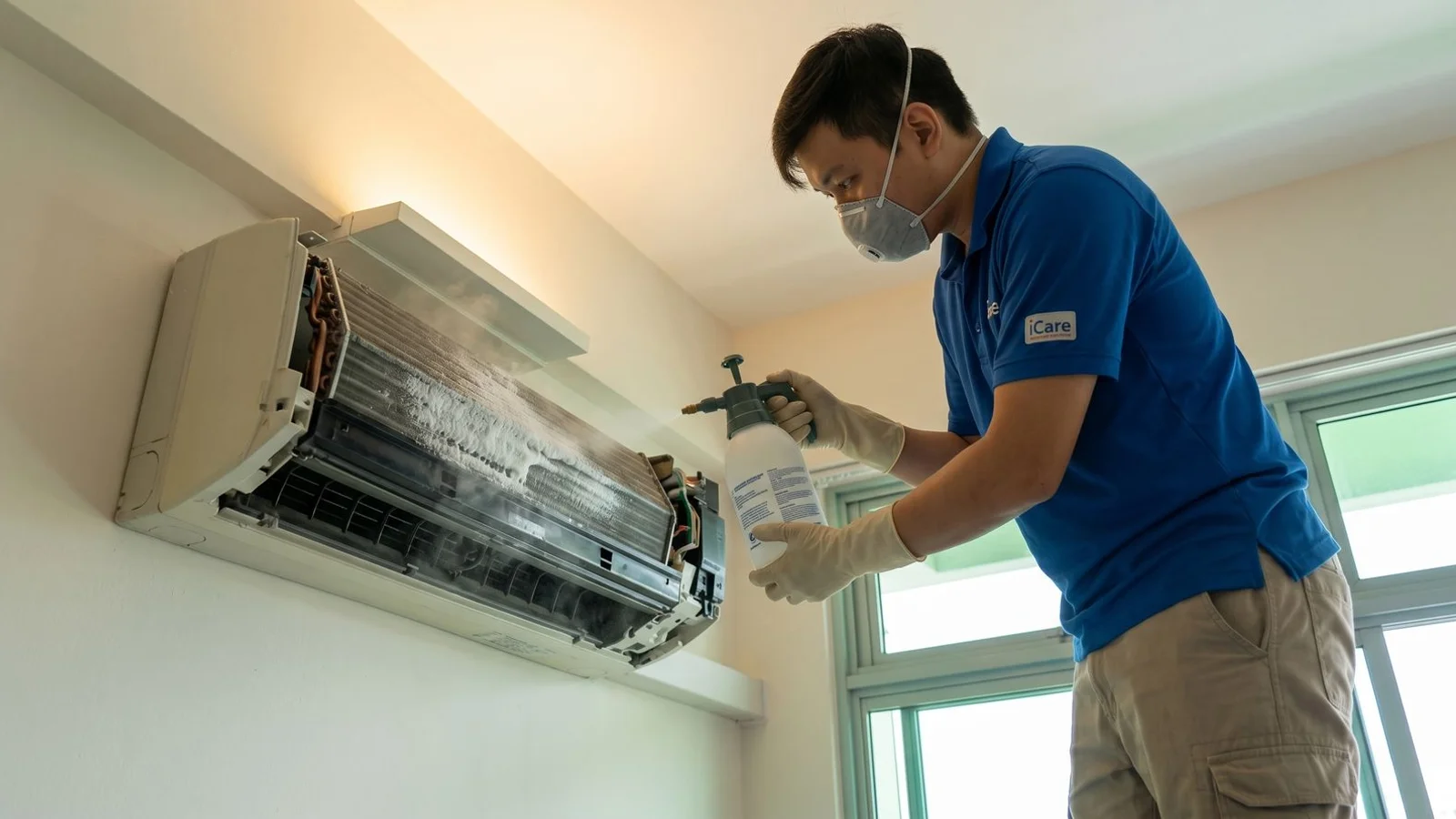 Technician in PPE gloves and mask applying chemical wash, natural light, real environment