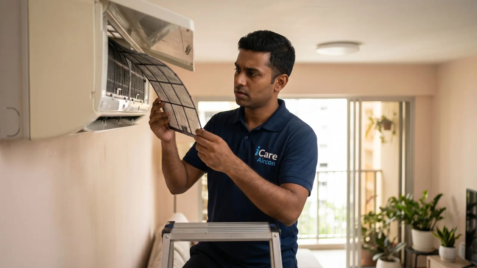 Technician opening aircon front panel to inspect filter, natural daylight, candid