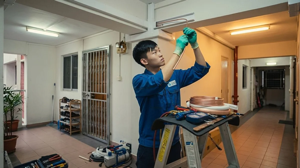 Technician running copper pipe through wall trunking, real environment