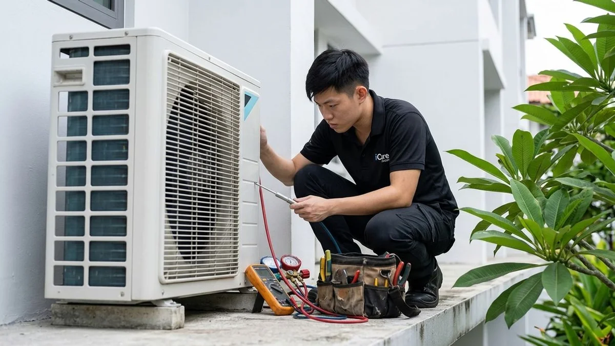 Technician using stethoscope-style probe on outdoor compressor, real environment