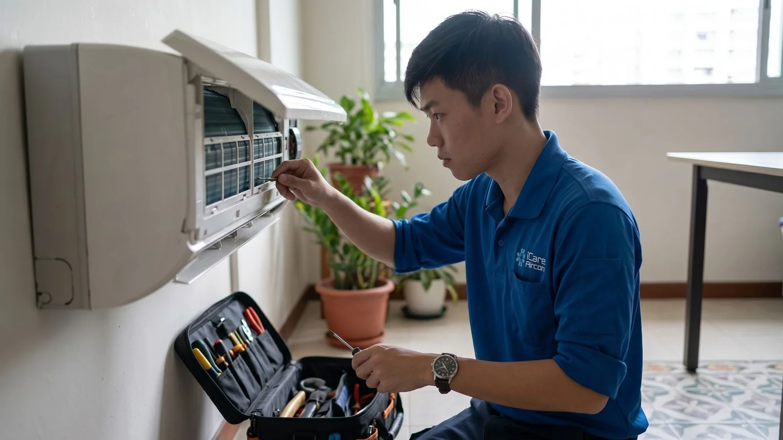 Technician with toolkit watch on wrist, mid-repair on aircon unit, real environment
