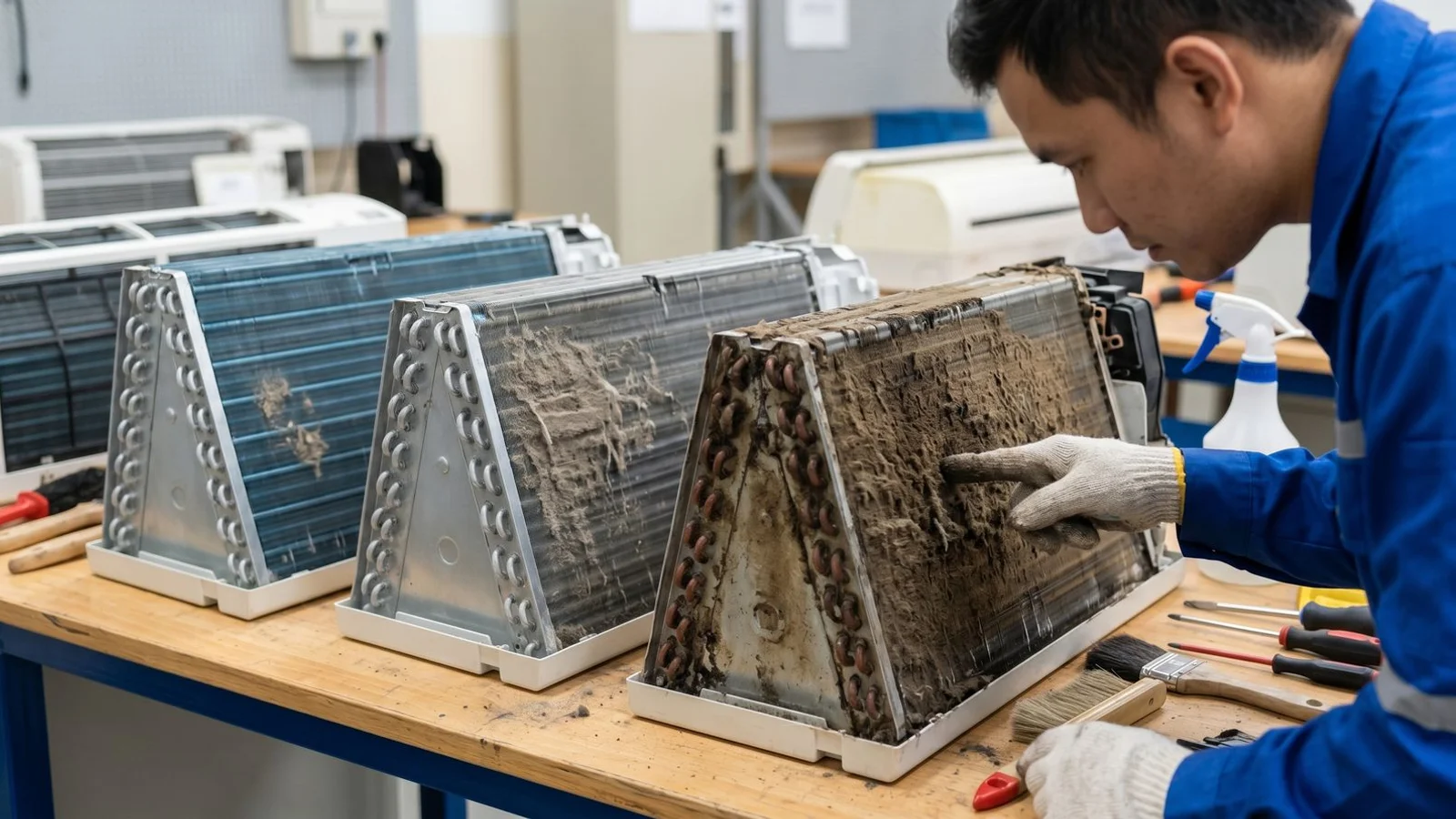 Three aircon coils side-by-side at different cleanliness levels, technician inspecting
