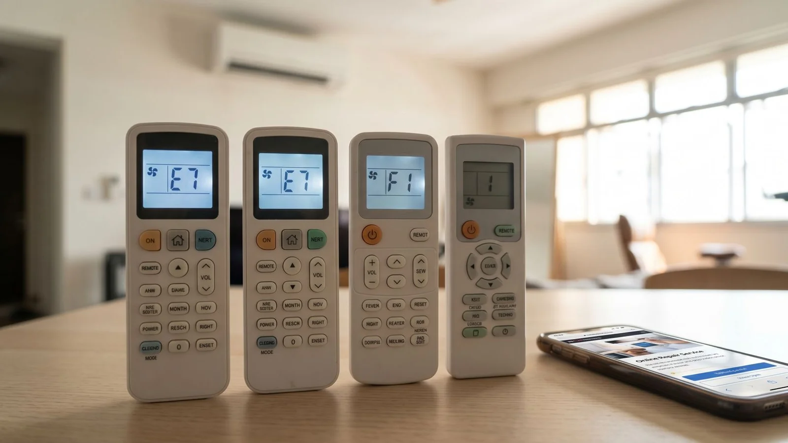 Three aircon remote controls side-by-side displaying error codes, brand-aligned