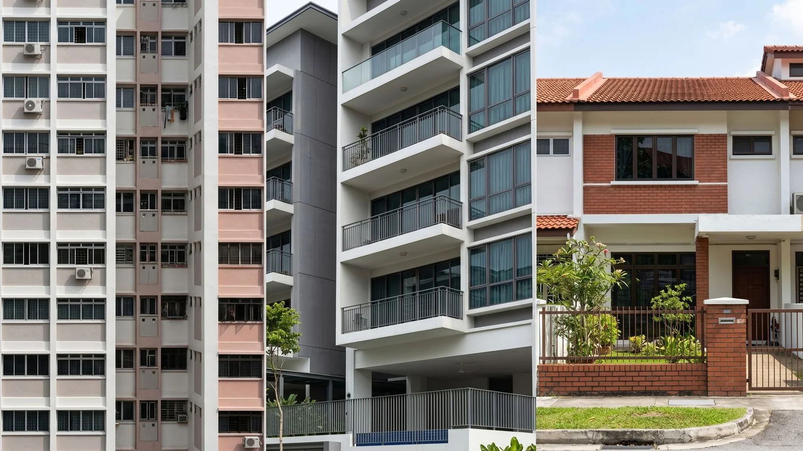 Three Singapore homes side-by-side: HDB block, condo facade, landed terrace, natural daylight