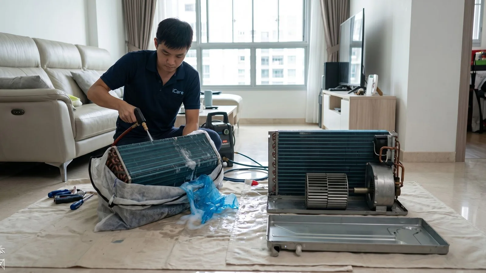 Two aircon coils side-by-side: chemical wash vs overhaul mid-process, daylight