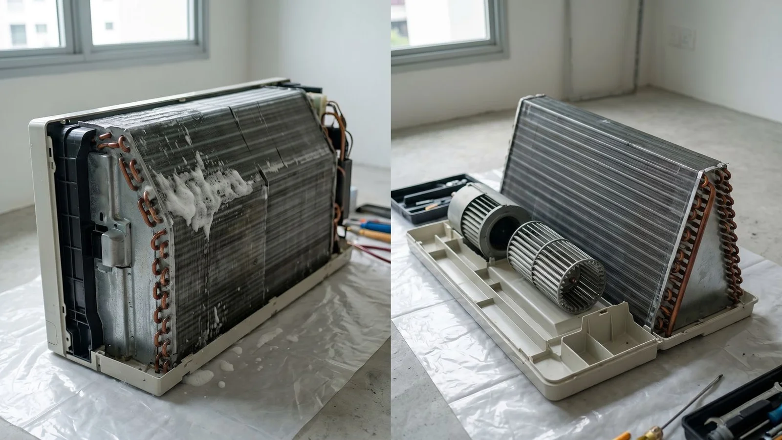 Two aircon coils side-by-side mid-clean: chemical wash vs full dismantle, natural light