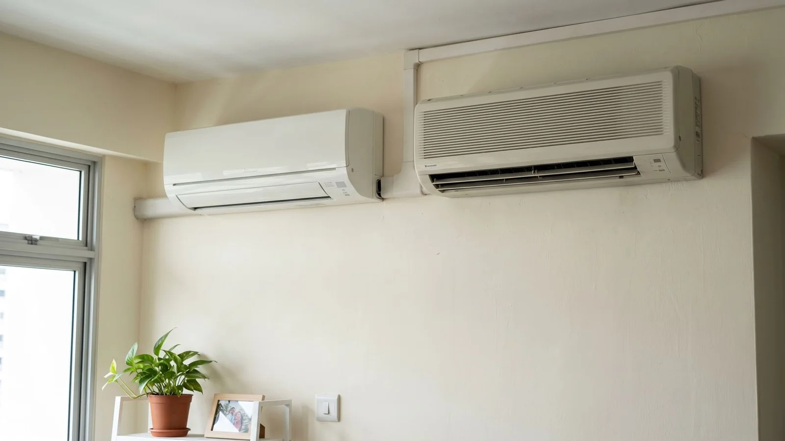 Two aircon units side-by-side: inverter vs non-inverter labelled, daylight