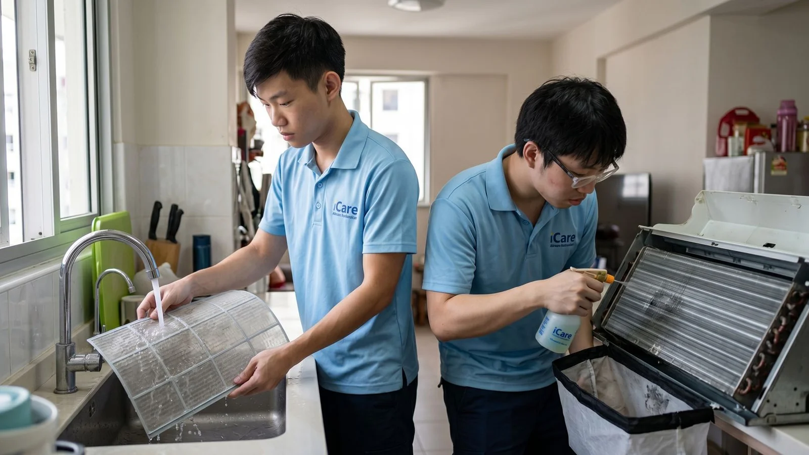 Two technicians side-by-side: one filter cleaning, one chemical washing, natural light