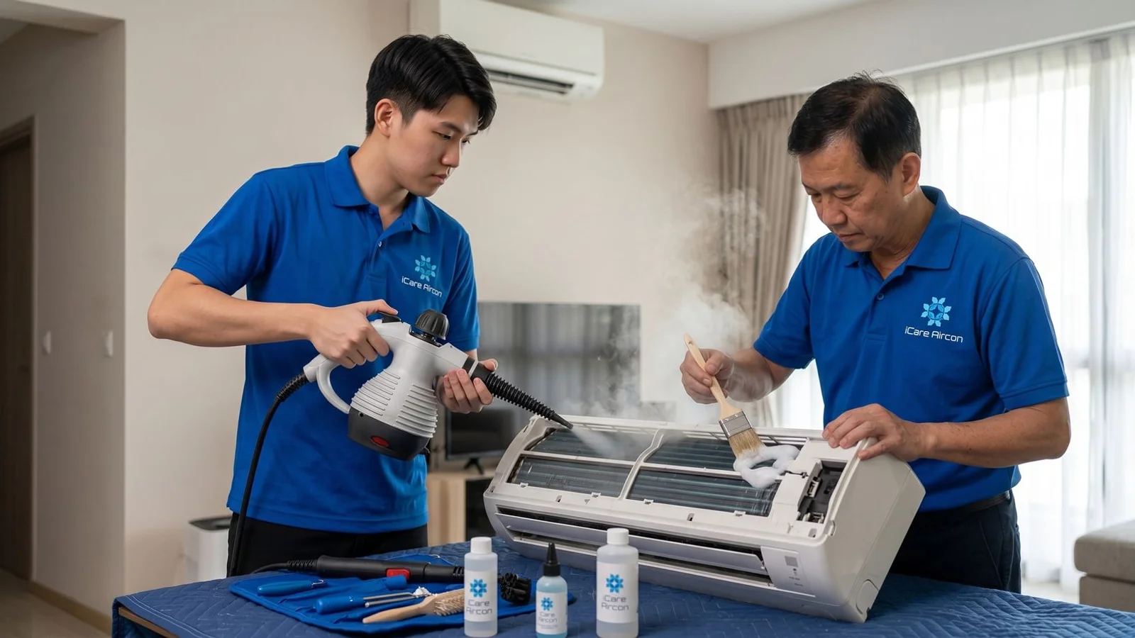 Two technicians side-by-side: one steam cleaning, one chemical washing aircon, real environment