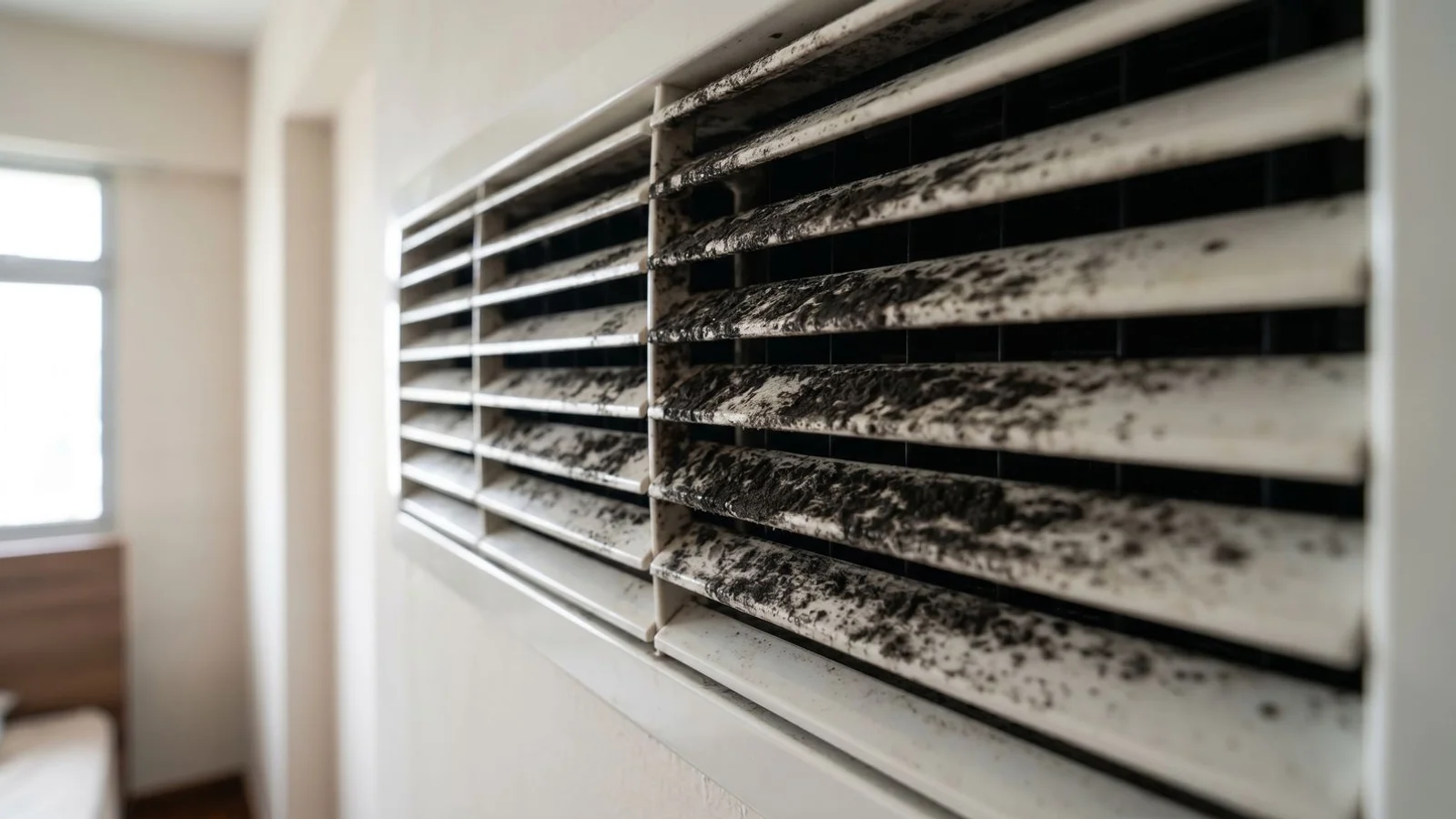 Visible mould on aircon grille close-up, natural daylight