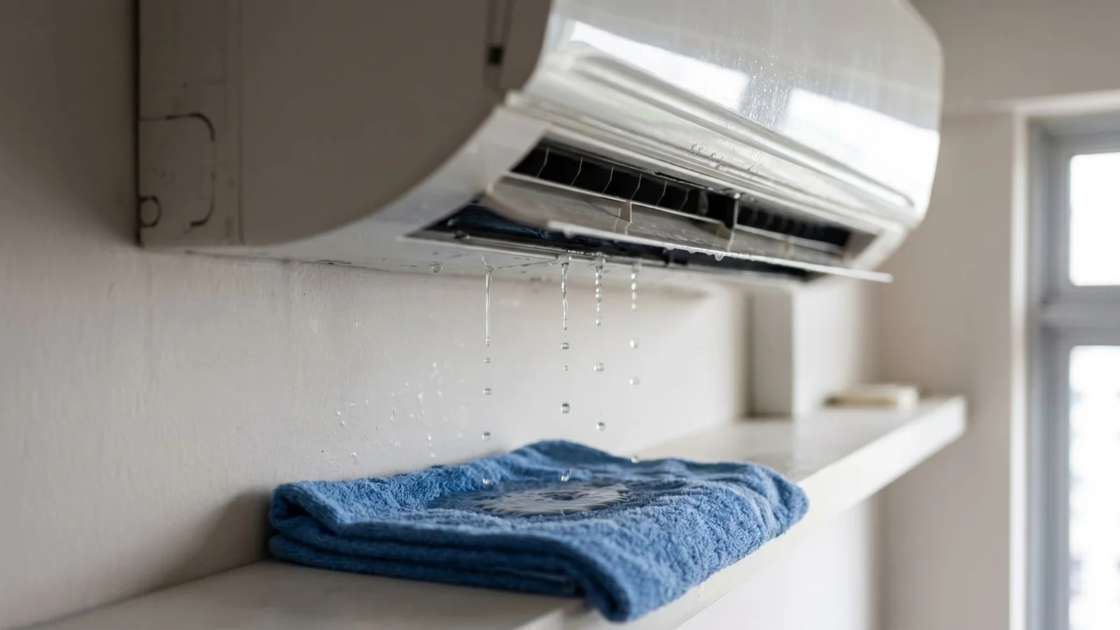 Water dripping from indoor aircon onto towel on HDB ledge, candid emergency moment