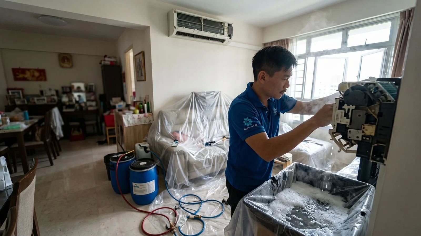 Wide shot of HDB living room mid-wash with floor protection laid out, candid